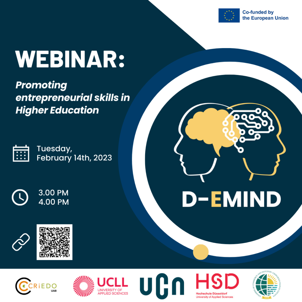Cartell del webinar, promoting entrepreneurial skills in higuer education